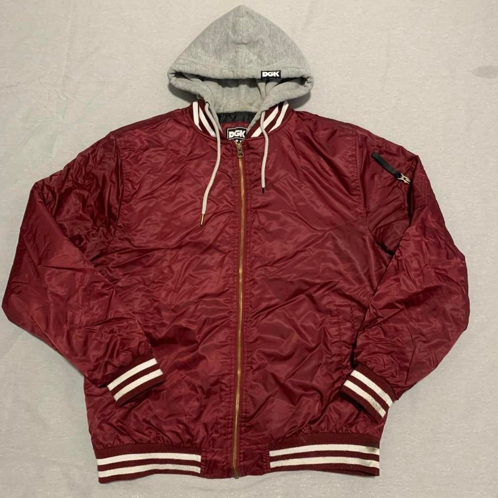 DGK Mens Maroon Quilted Bomber Jacket Gray Hood Streetwear Skate Maroon Large